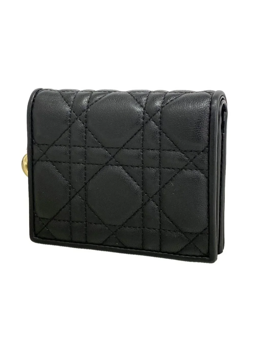 Dior Wallet Cannage Leather Black Champagne Gold